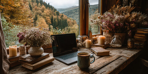 Cozy home office desk by the window with a laptop, coffee cup, candles, and dried flowers against an autumn landscape. Warm, relaxing atmosphere for remote work and creativity.