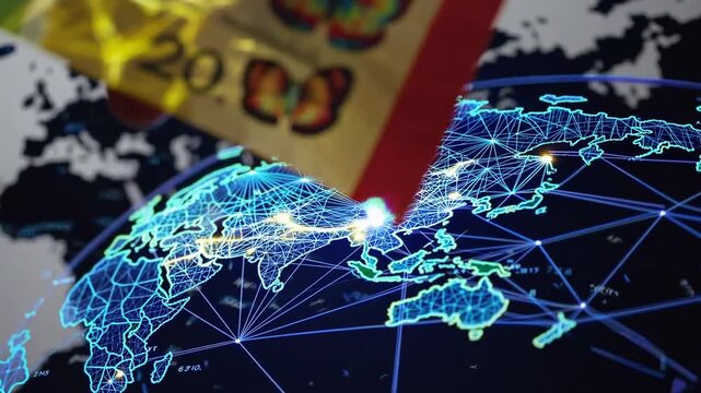 detailed close-up view of banknote from European country, showcasing its security features including holographic elements and intricate designs