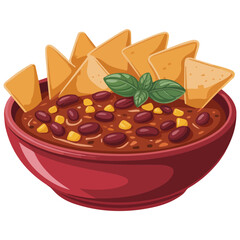 Traditional Mexican chili con carne in red bowl with nachos chips isolated vector illustration on white background