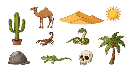 Naklejka premium Illustration of desert elements including a camel, cactus, sand dune, and desert animals scene
