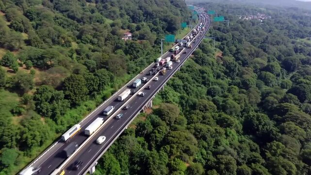 graphic depicting major multi-lane express highway known for heavy traffic volume connecting two large urban centers