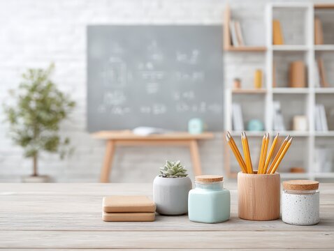 Wooden Pencils and Succulent Plant on Desk, Classroom Background