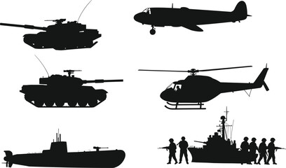Military silhouettes collection with tank, helicopter, airplane, submarine, warship, and soldiers, perfect for army vector design, combat illustration, defense artwork, and security concept