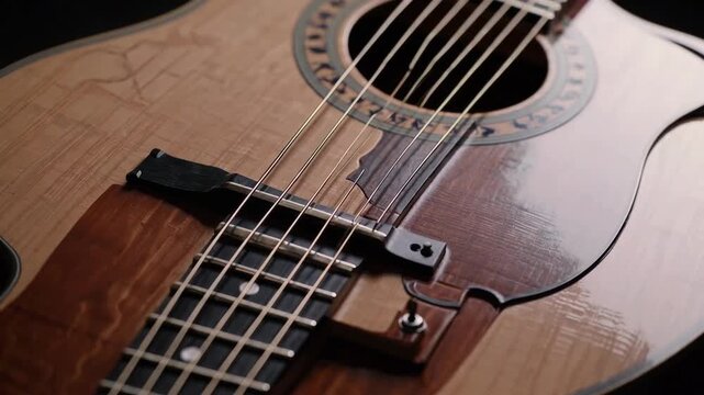 Closeup of wooden acoustic guitar from above.