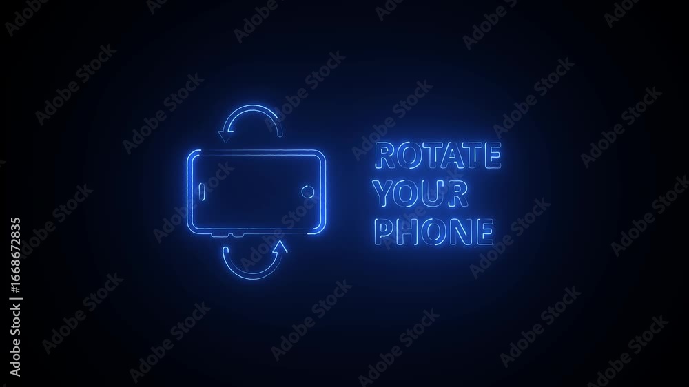 Poster glowing neon smart phone rotate sign, rotate your phone icon animation .simple technology 360 degree