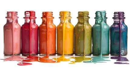 Multicolored plastic bottles with paint on a white background, close-up
