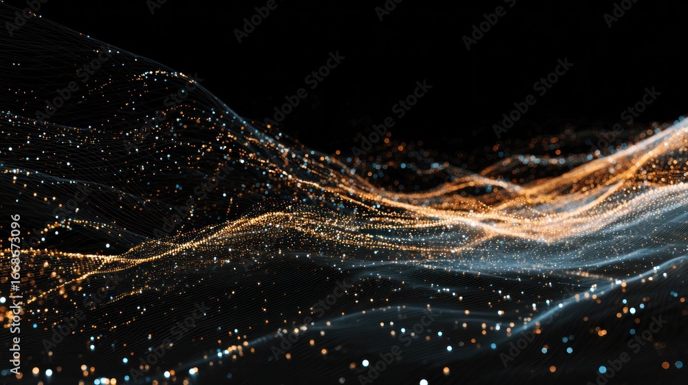 Poster cosmic flow: an abstract visualization of interconnected data points, resembling undulating waves in