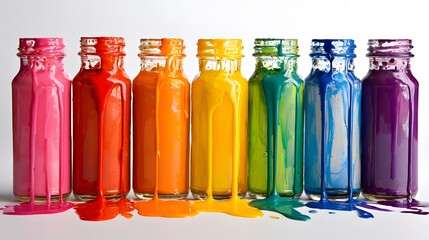 Colorful bottles with paint splashes isolated on a white background.