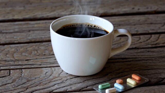 steaming mug of black coffee accompanied by small group of assorted medication tablets