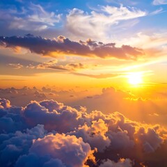 Fototapeta premium A vibrant sunset with the sun's rays bursting through golden clouds, as seen from above