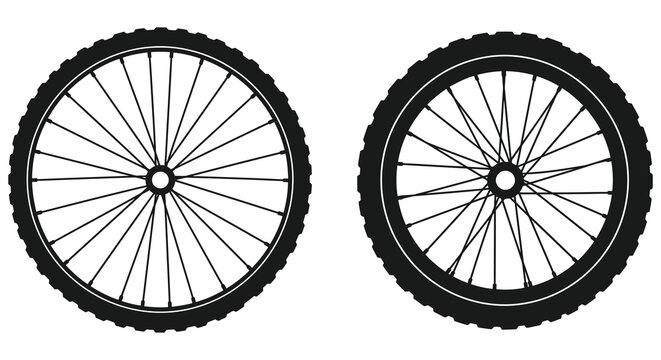 Bicycle wheels with black tires and spokes on white background