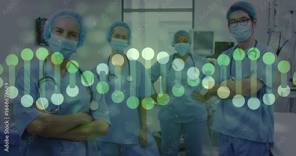 Aufkleber medical team standing in procedure room with dna helix fading in then rotating and showing genomics
