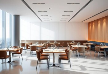 Sleek, minimalist dining room, empty tables, modern design, scene, backdrop
