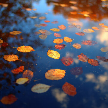 Autumn leaves of various shades floating on calm water with beautiful reflections. Peaceful seasonal nature scene capturing the essence of fall and tranquility.
