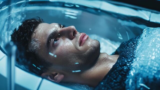 Close-up of man in cryogenic hibernation begins to wake up after a interstellar journey
