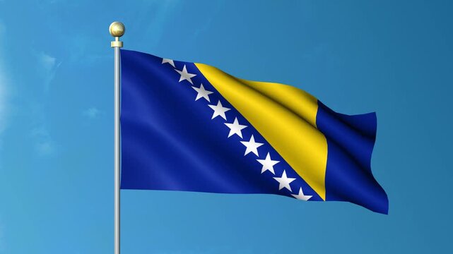Realistic 3D Animation of Bosnia and Herzegovina National Flag Waving in the Wind on Blue Sky Background – Cultural and Historical Symbol – Seamless Loop – 4K UHD Green Screen Included