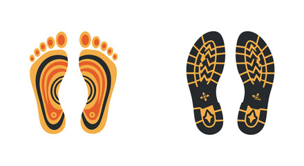 Footprints and soles with orange and black patterns on white background