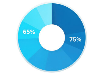 Donut chart showing 65% and 75% splits in distinct blue segments transparent background