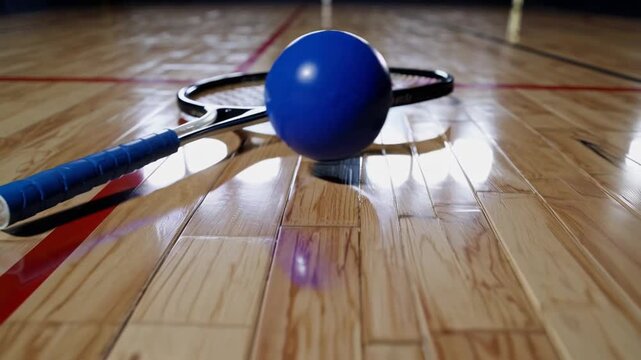 Racquetball equipment including racket and blue ball sitting on wooden court with red painted lines
