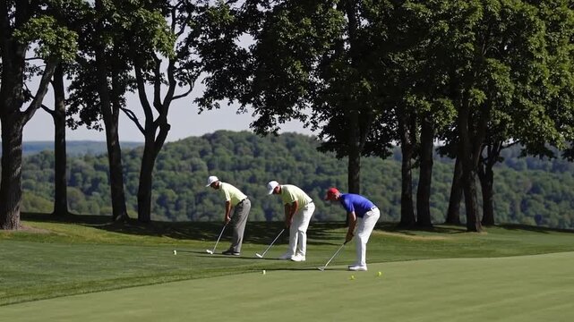 Panoramic Overlook from High Bluff Featuring Golf Green with Four Balls Positioned for Play on Grassy Course