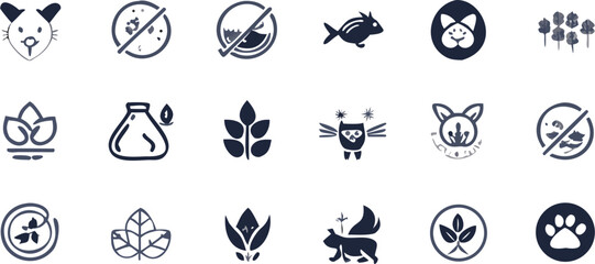 Collection of various animal and nature related icons including cats fish and plants displayed | editable eps vectors silhouette