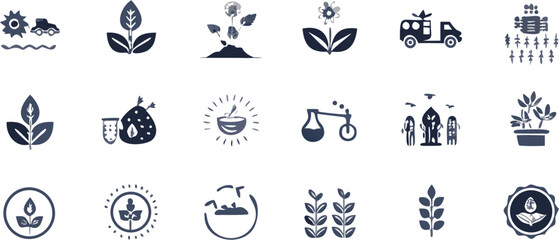 Collection of agriculture and nature related icons depicting farming and plant life elements and symbols | editable eps vectors silhouette