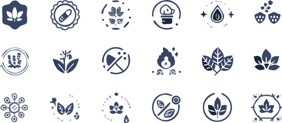 Collection of various plant related icons including leaves, seeds, sprouts, and natural product symbols | editable eps vectors silhouette