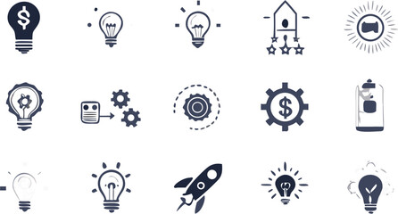Collection of fifteen business and innovation related icons including lightbulbs gears and a rocket ship | editable eps vectors silhouette