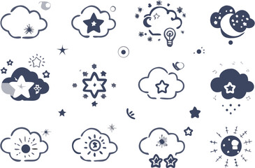 Illustration featuring clouds, stars, moon, and sun in a whimsical and celestial arrangement design style | editable eps vectors silhouette