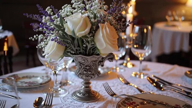 Ornamentation for the central table arrangements at matrimonial ceremony featuring vintage cutlery and antique elements
