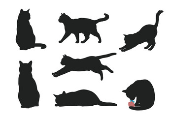 Collection of cat silhouettes showing different poses including sitting, walking, stretching, jumping, lying, and playing, perfect for pet design, animal vector, decoration, and illustration