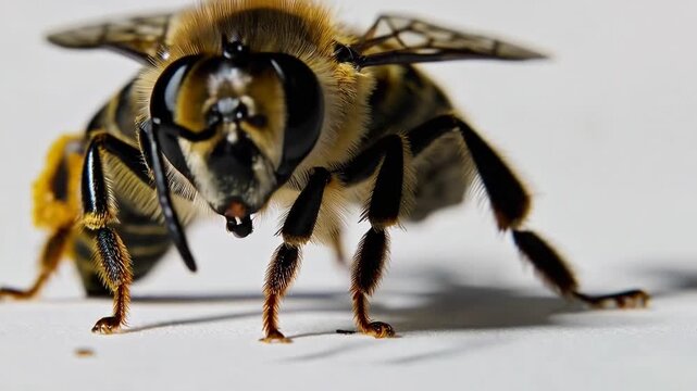 Apis Mellifera Insect in Extreme Close-Up on Plain White