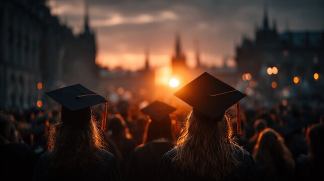 Graduates with mortarboards walk towards sunset. City skyline in background, golden hour atmosphere