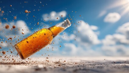 A beer bottle explodes in mid-air on a sandy beach