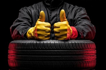 Mechanic with thumbs up over tire