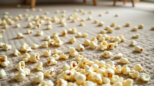 Popcorn scattered on the carpet: A close-up captures the casual scene of popcorn kernels strewn across a patterned carpet. This image encapsulates the laid-back atmosphere of a relaxing evening.