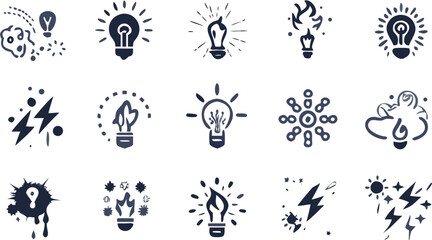 Collection of fifteen stylized light bulb and energy themed icons in black and white illustration | editable eps vectors silhouette