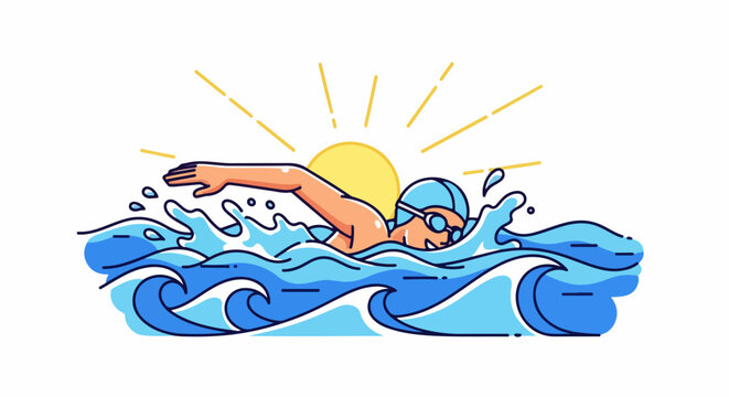 Cartoon illustration of a swimmer doing freestyle stroke in blue water under the sun.