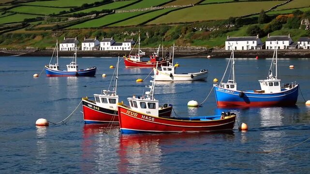 Scenic View of Portmagee Harbour in Ireland with Boats and Water