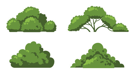 Four different green tree and bush clusters in various shades and styles