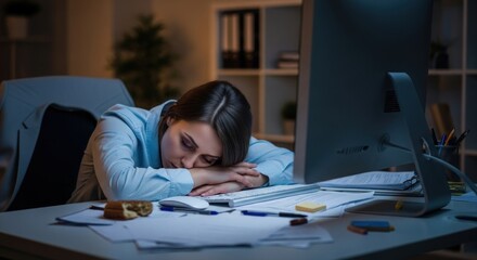 Tired office worker resting at desk surrounded by papers and snacks in a dimly lit workspace