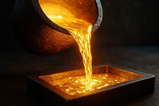 Molten gold pours from a crucible into a rectangular mold.