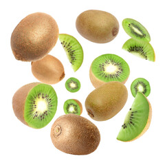 Tasty fresh kiwi fruits swirling in air against white background
