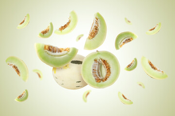 Tasty ripe melons swirling in air against light green gradient background