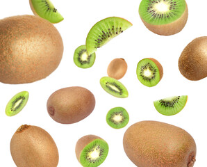 Tasty fresh kiwi fruits swirling in air against white background