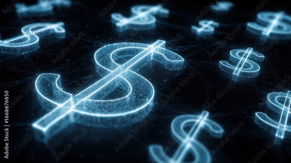 Aufkleber financial network: high-tech depiction of glowing dollar signs embedded in a complex digital web, em