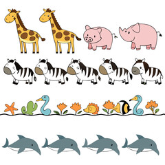 Obraz premium Cartoon illustration of giraffes, pigs, rhinos, zebras, and dolphins, , perfect for childrens books and educational materials