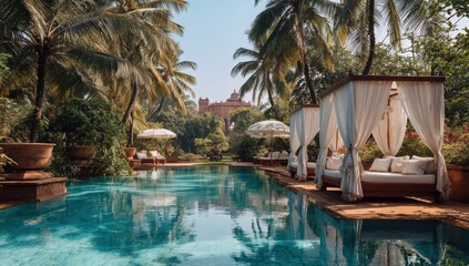 Fototapeta premium Luxurious poolside retreat in a tropical garden
