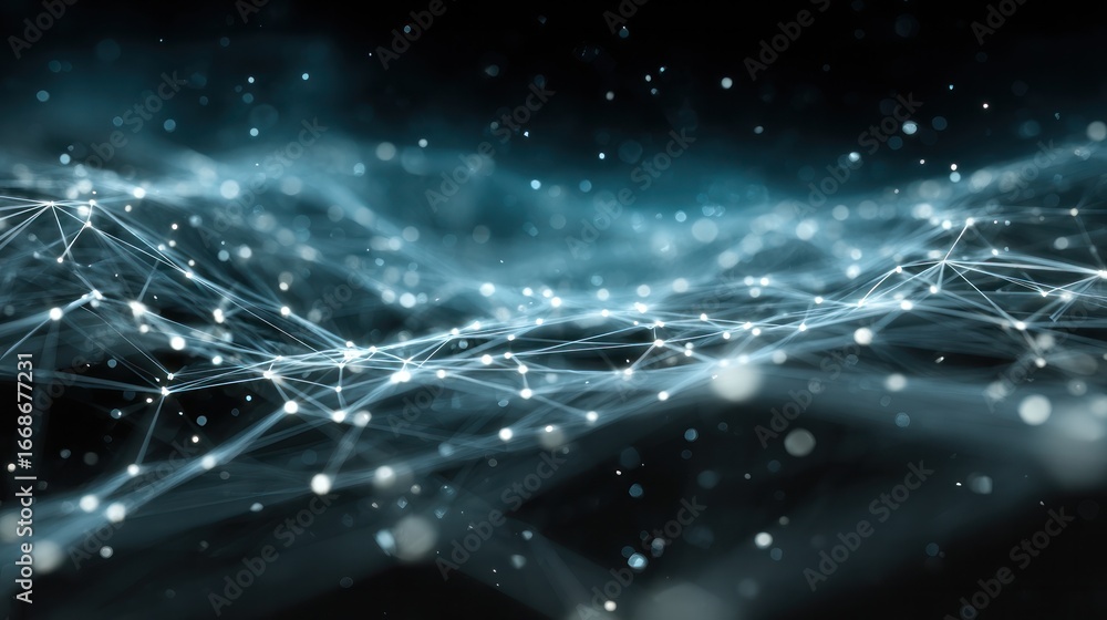 Poster digital network of the future: an abstract, luminous network of interconnected nodes and lines, sugg