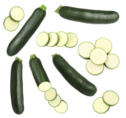 Fresh ripe zucchini isolated on white, collage. Top view